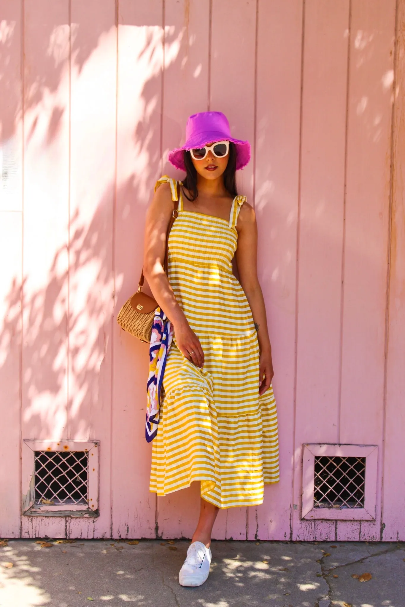 My Perfect Day Tie Strap Smocked Bodice Stripe Midi Dress -Lemon/Ivory