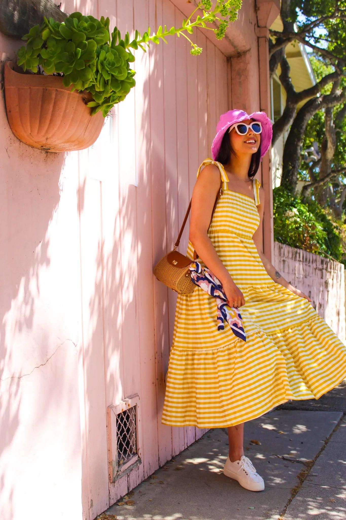 My Perfect Day Tie Strap Smocked Bodice Stripe Midi Dress -Lemon/Ivory