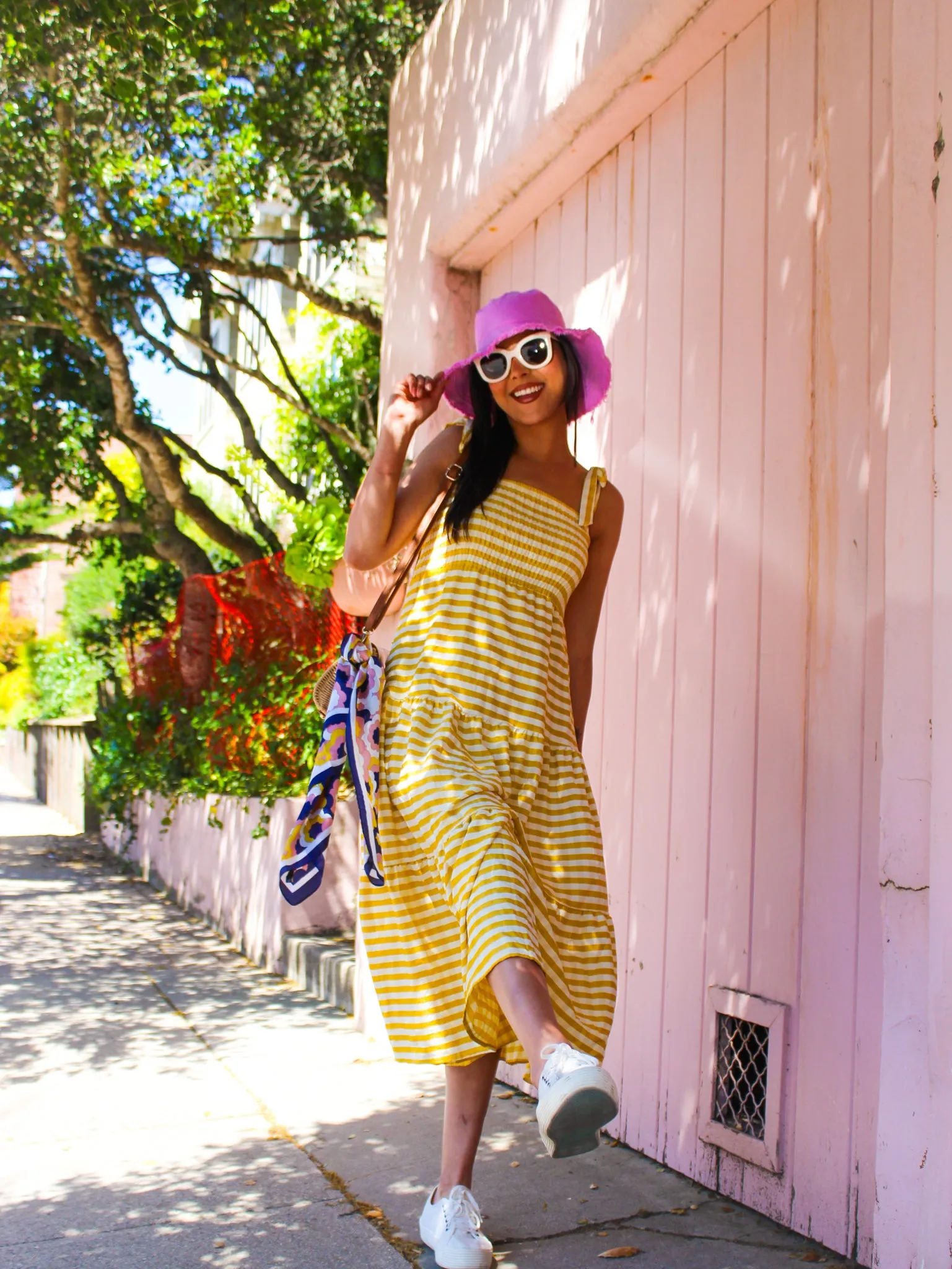 My Perfect Day Tie Strap Smocked Bodice Stripe Midi Dress -Lemon/Ivory