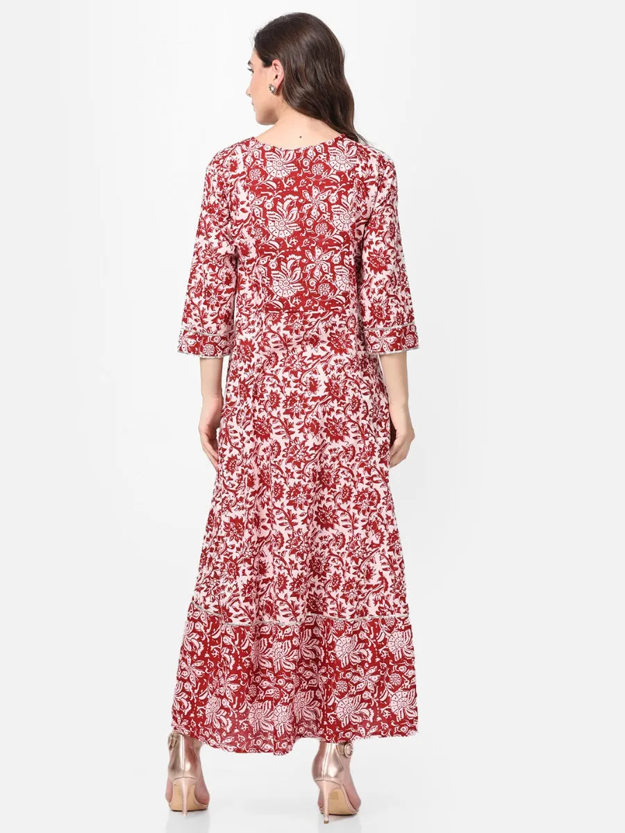 Off White Maroon Floral Printed Dress