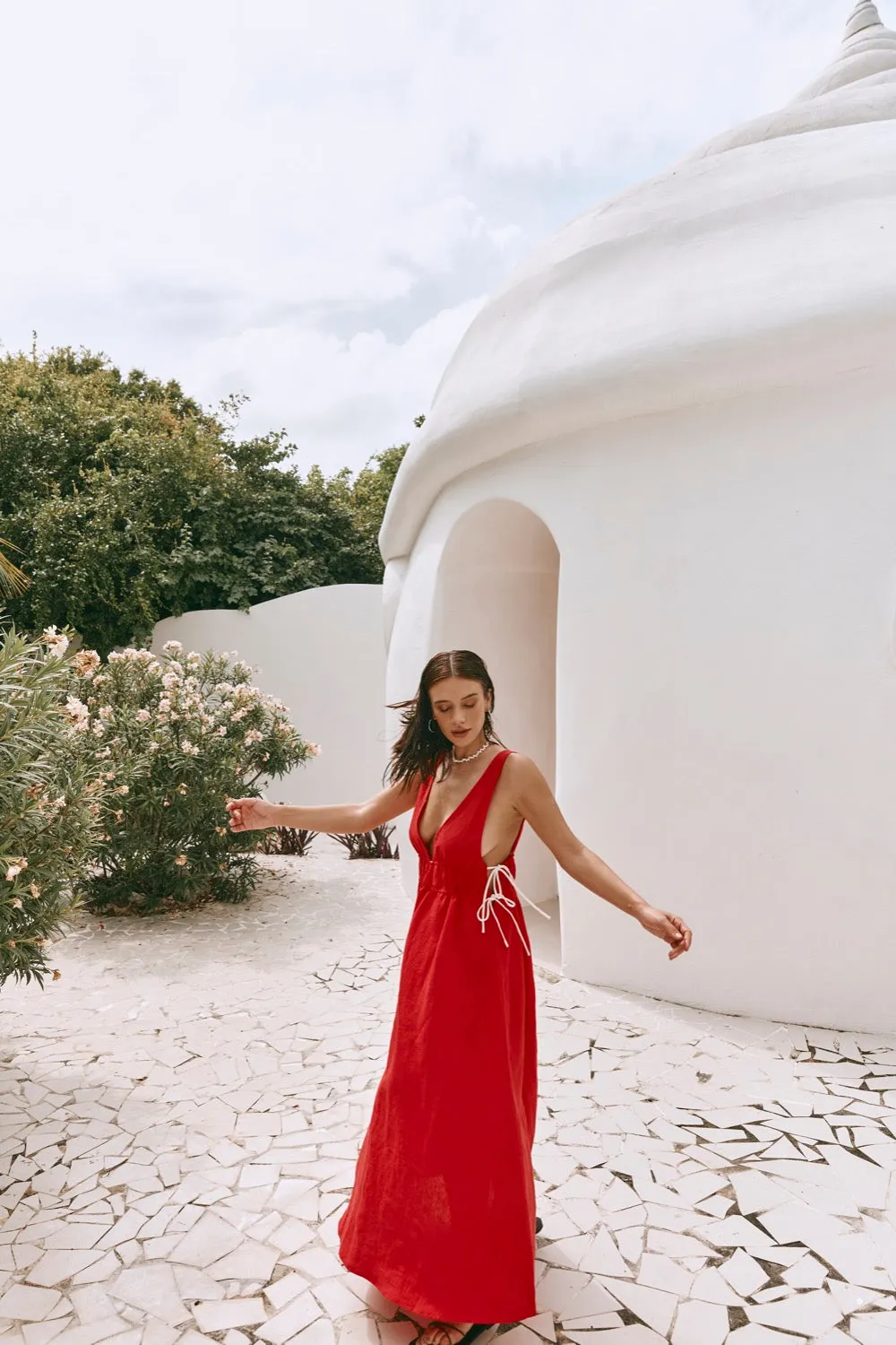 Paros Palms Linen Midi Dress Red