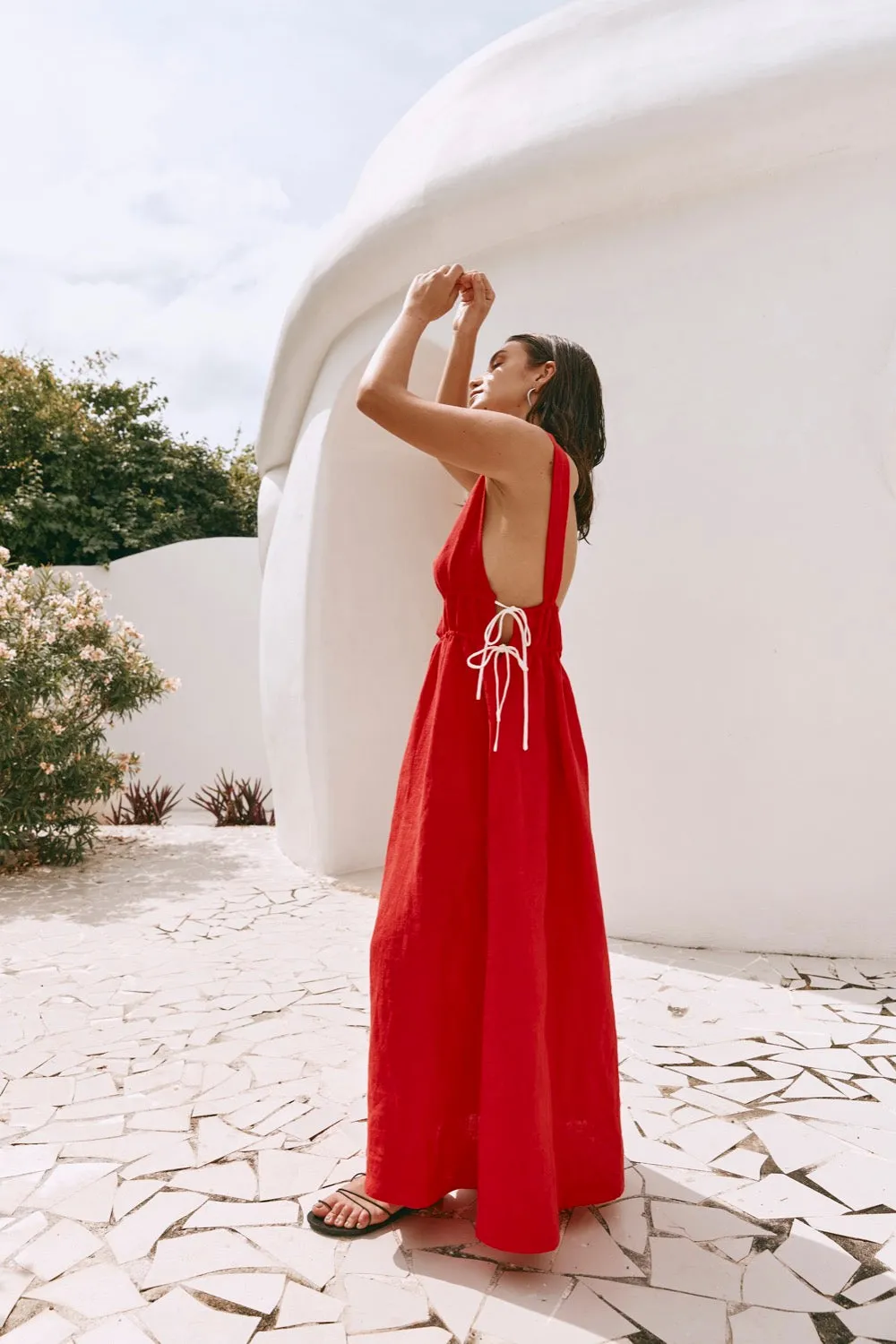 Paros Palms Linen Midi Dress Red