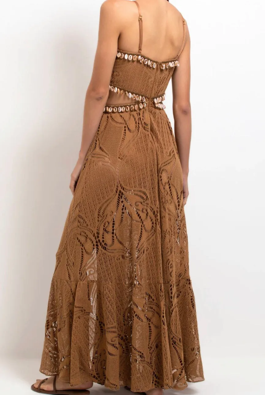 Patbo - Beaded Seashell Cut Out Maxi Dress - Almond