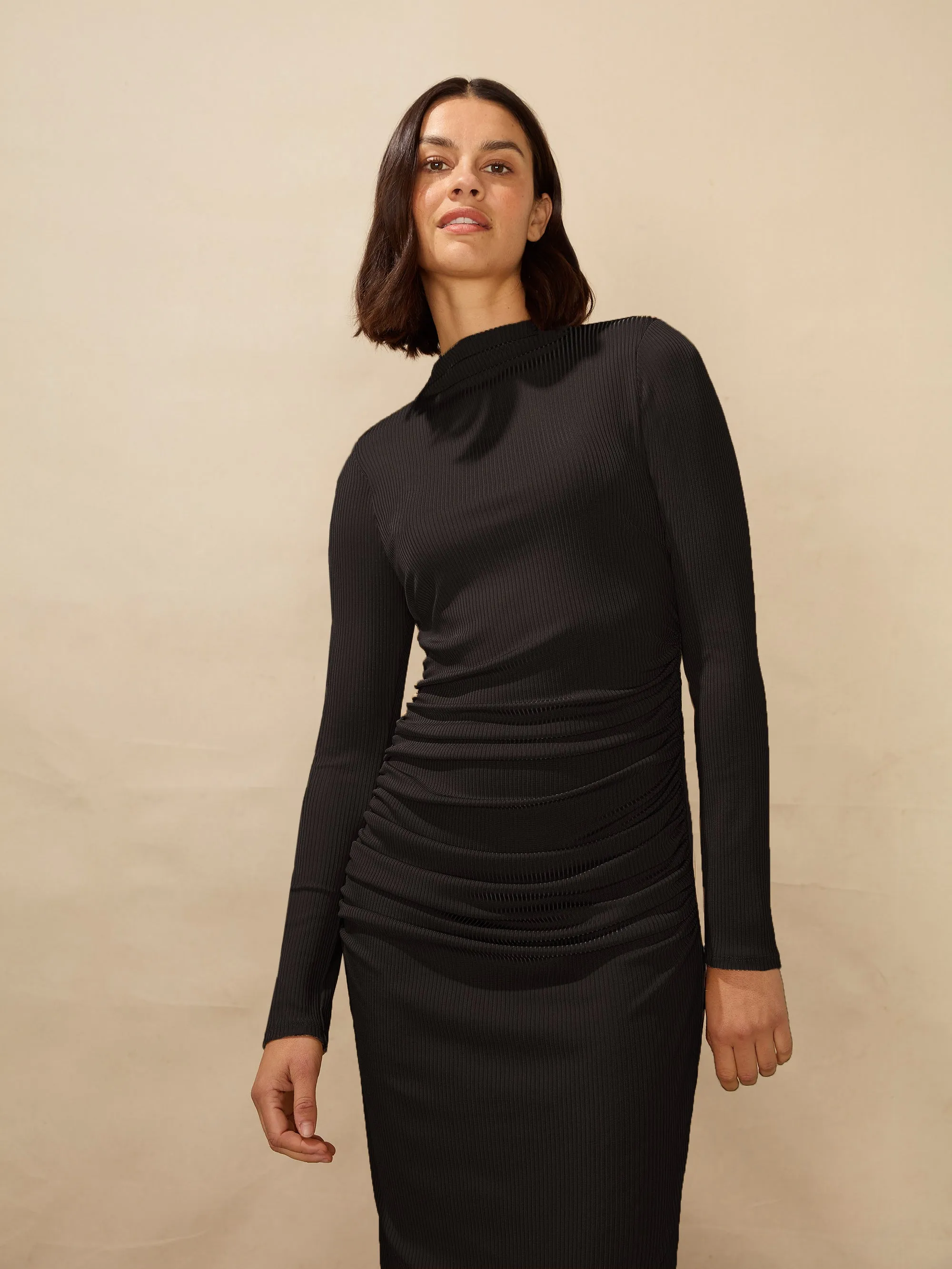 Petite Black Ribbed Jersey Gathered Dress