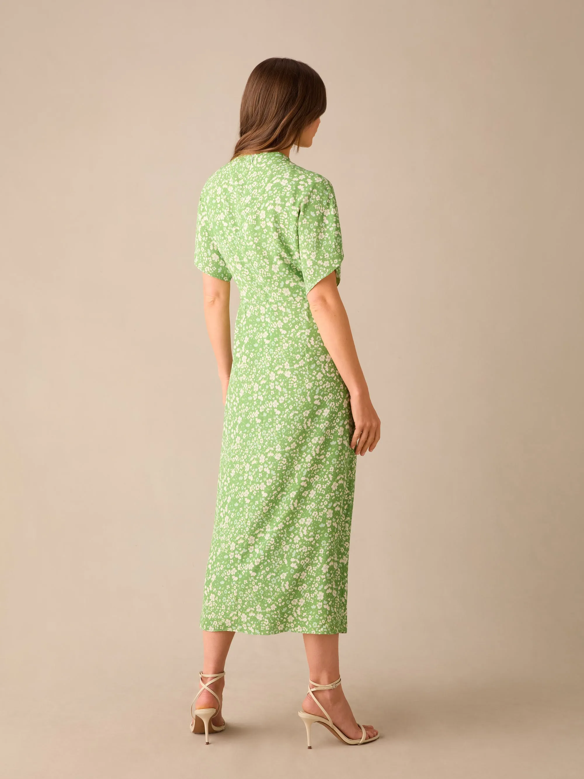 Petite Green Ditsy Print Tuck Waist Midi Dress