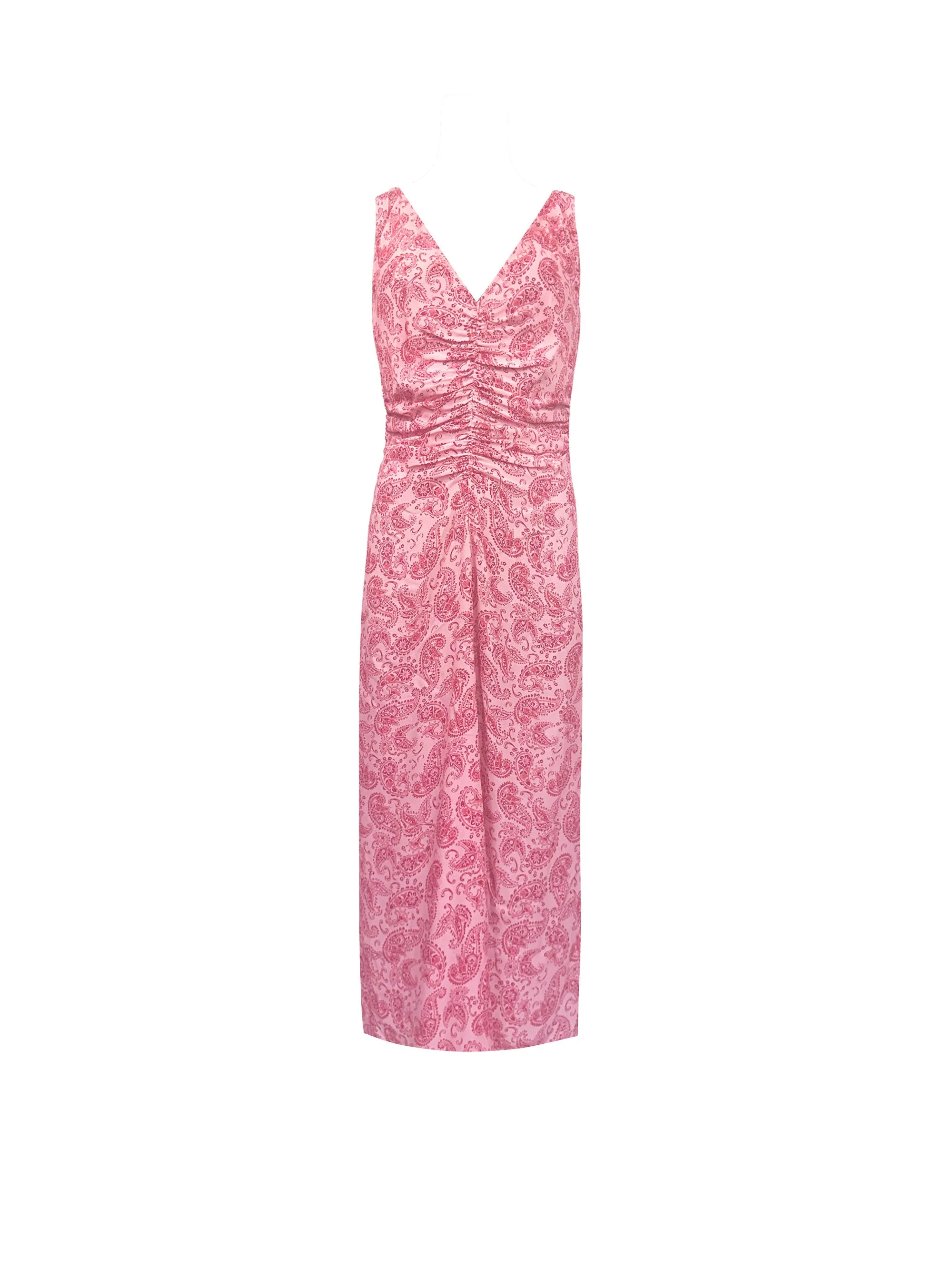 Petite Pink Paisley Ruched Front V-Neck Midi Dress