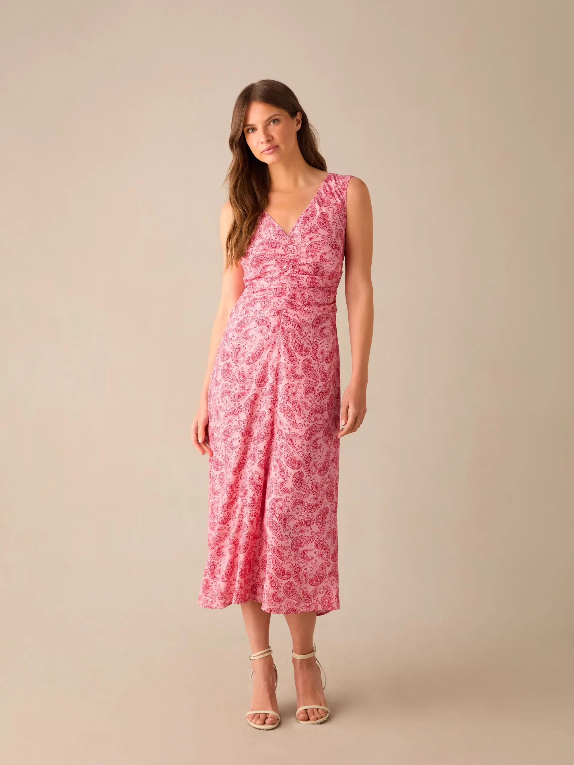 Petite Pink Paisley Ruched Front V-Neck Midi Dress