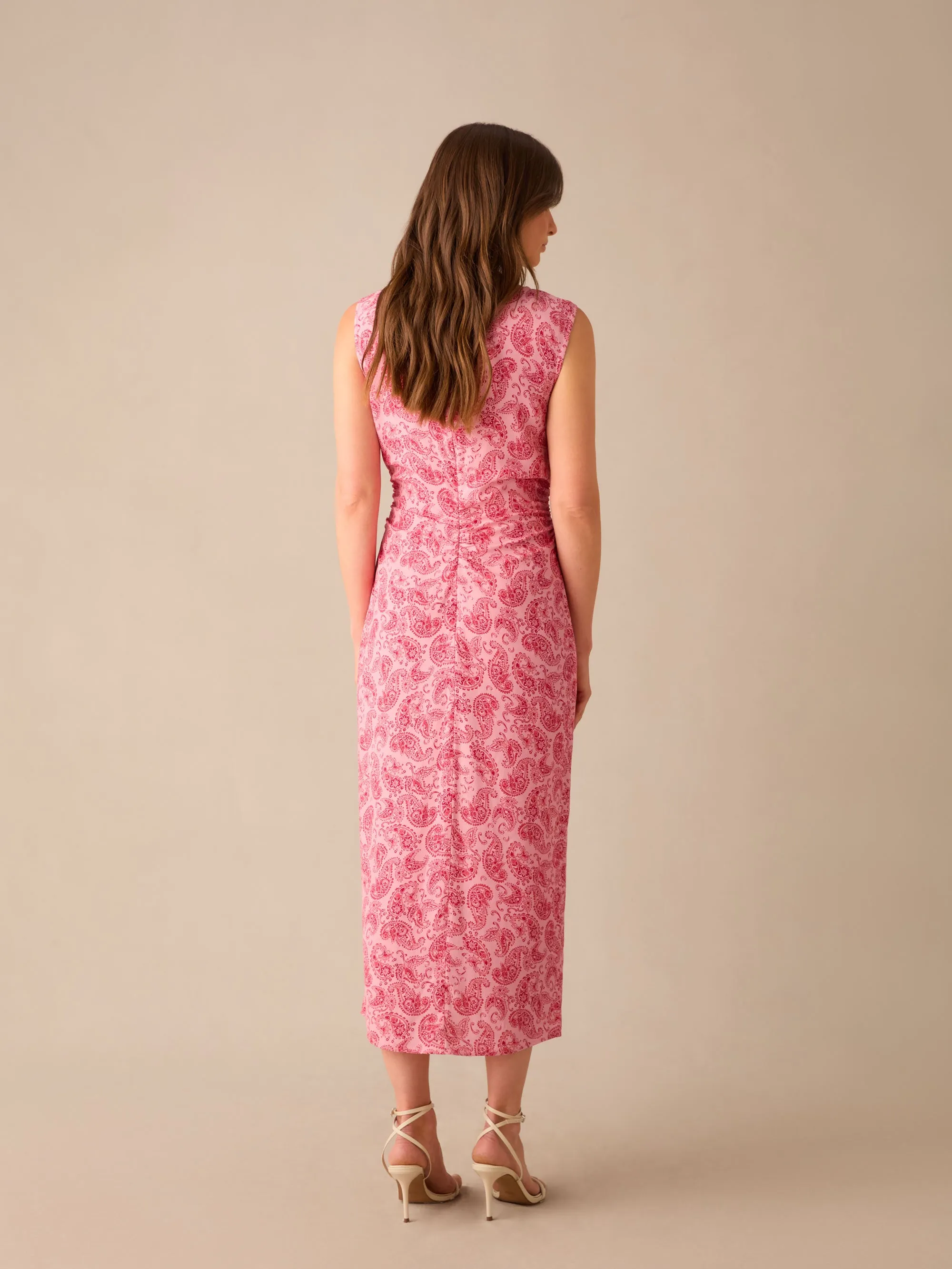 Petite Pink Paisley Ruched Front V-Neck Midi Dress