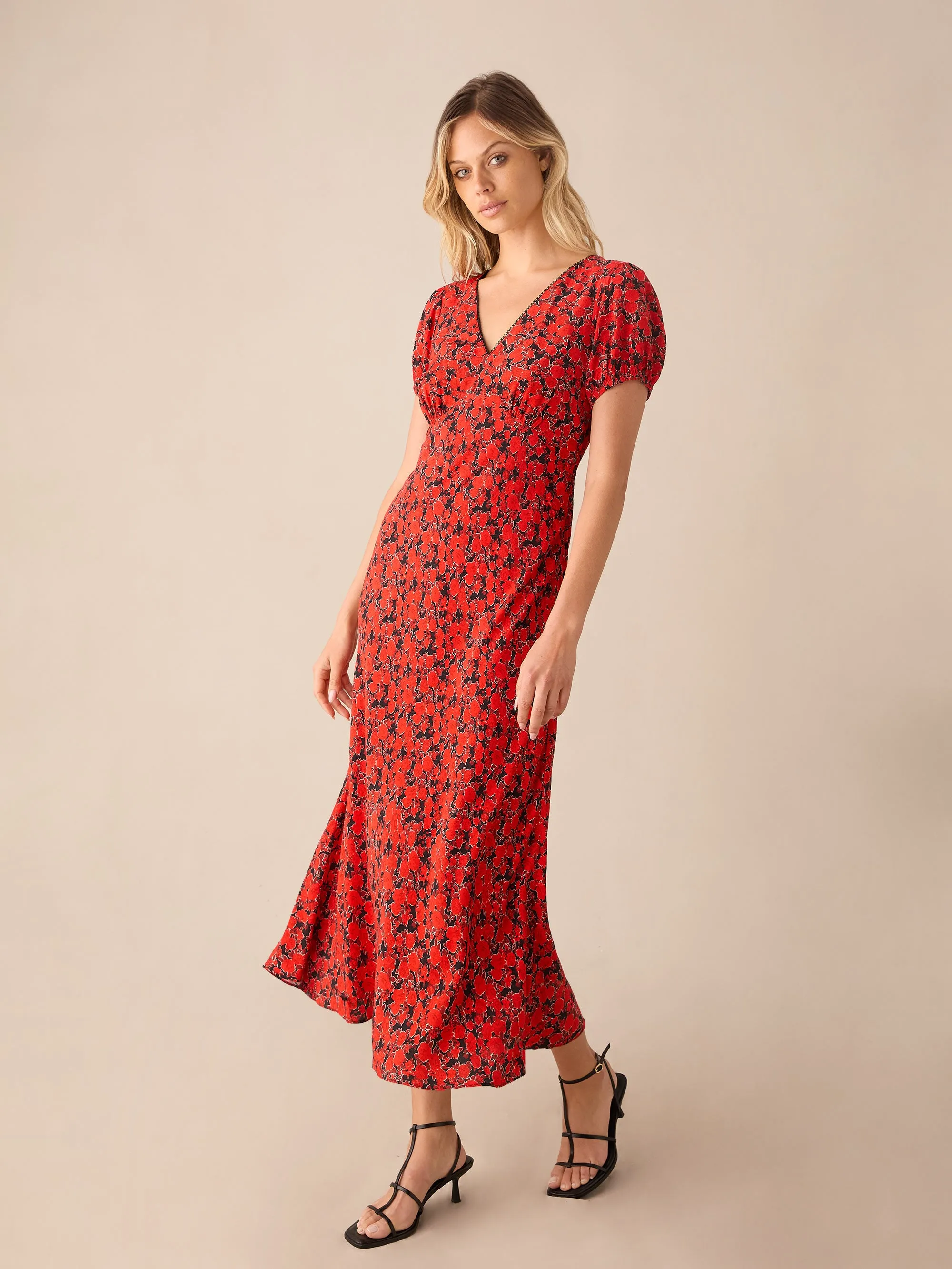 Petite Red Blurred Floral Print Puff Sleeve Midi Dress