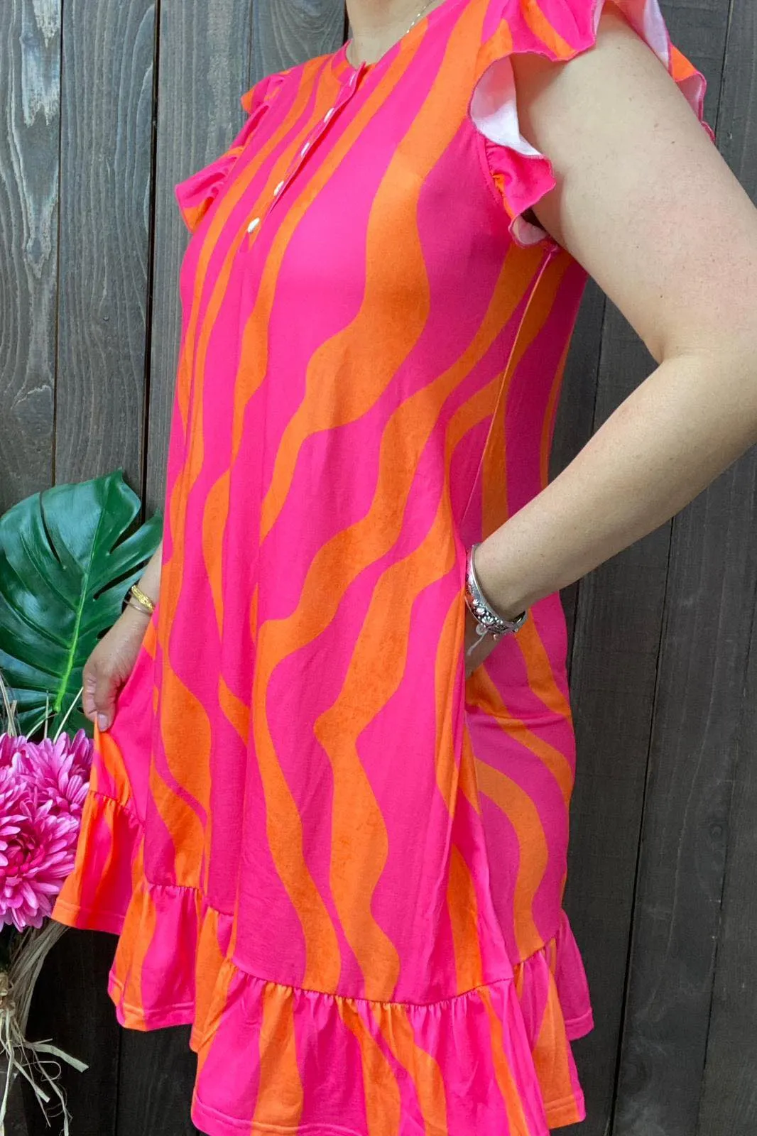 Pink & Orange print dress with cap sleeves