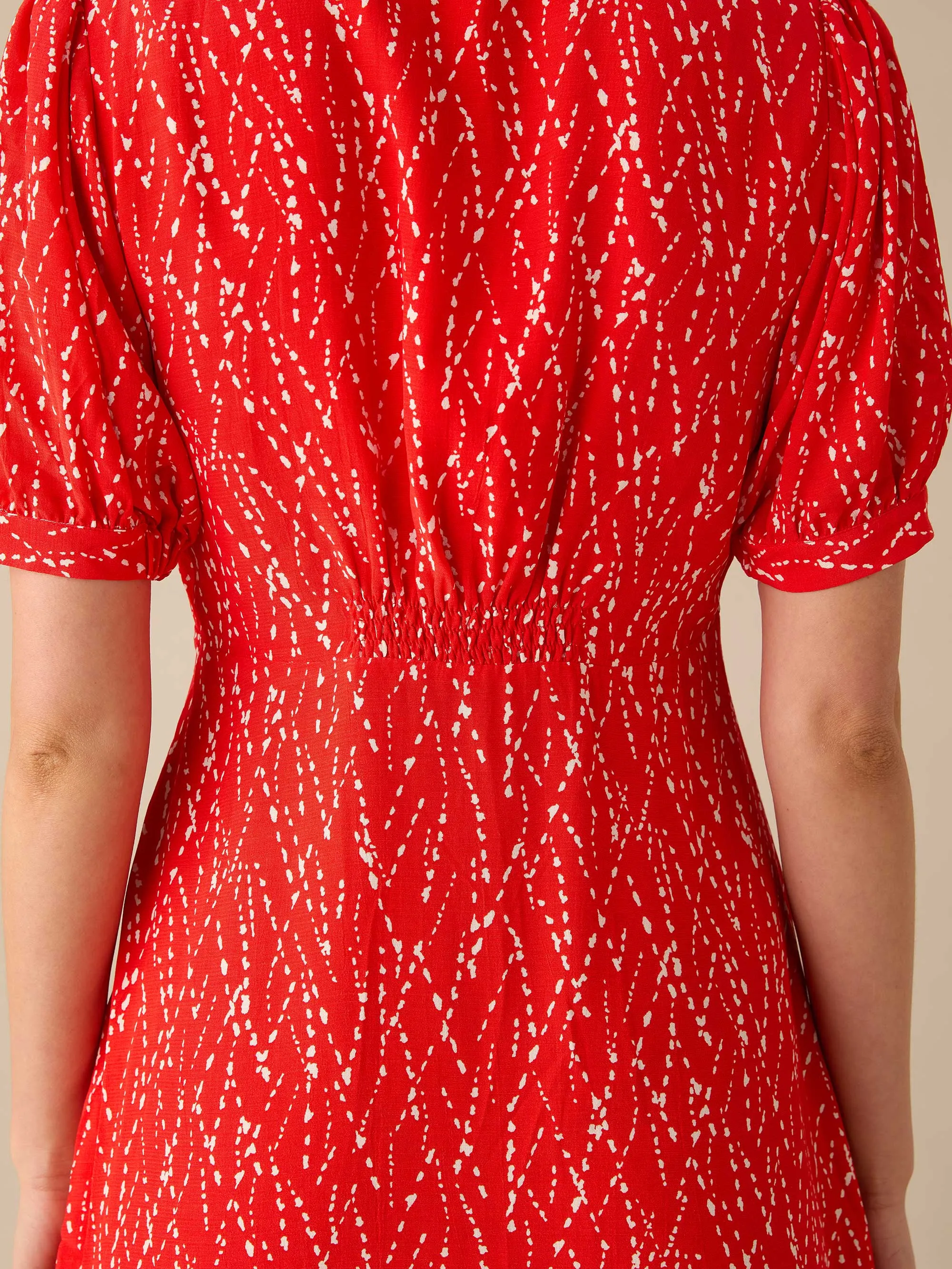 Red Dash Print Shirred Shoulder Short Dress