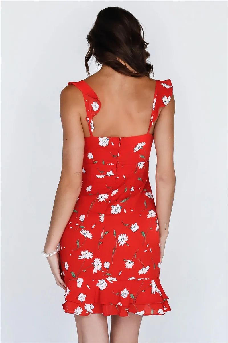 Red Floral Print Ruffle Trim Mini Dress