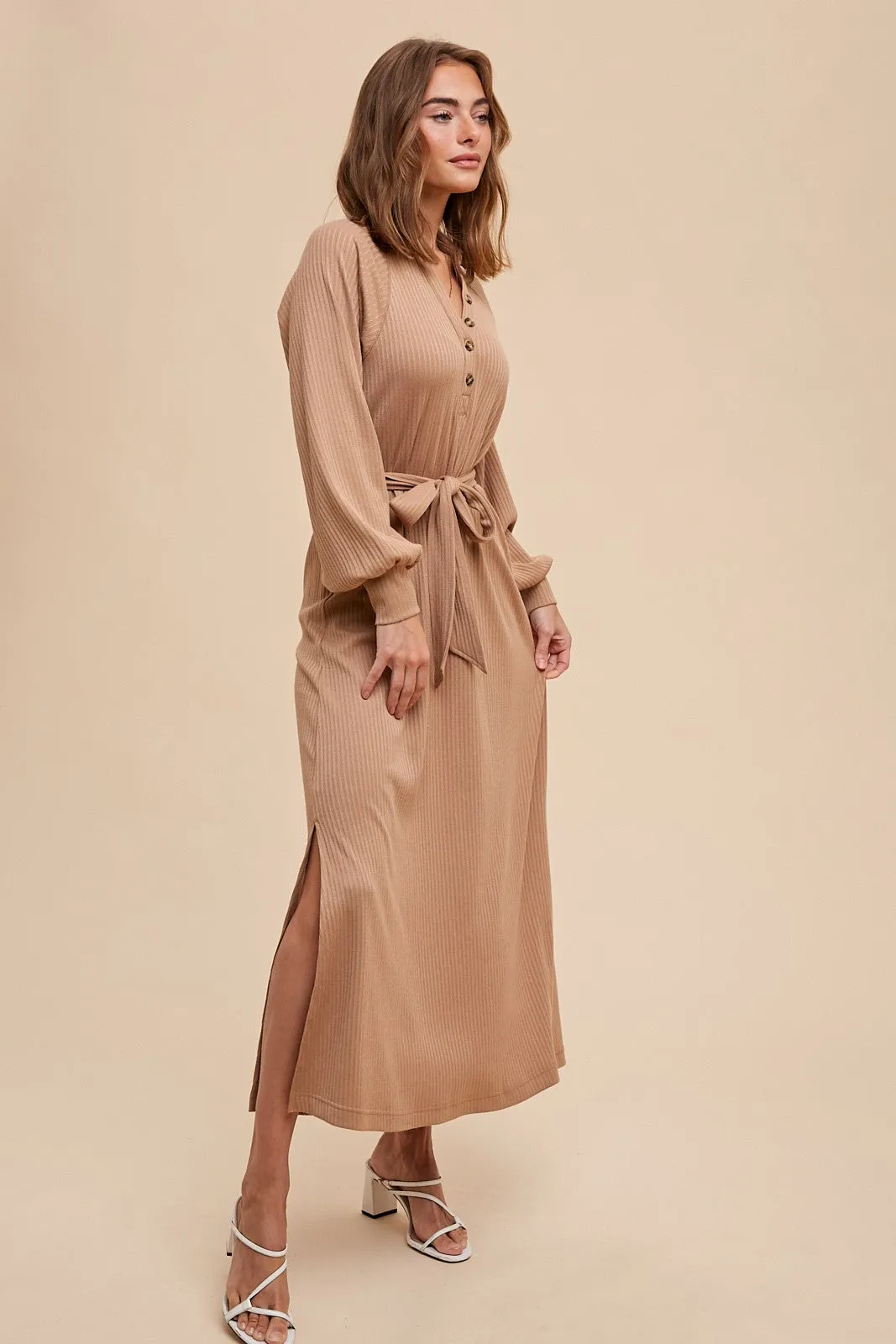 Rene Ribbed Knit Tie Dress in Taupe