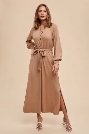 Rene Ribbed Knit Tie Dress in Taupe