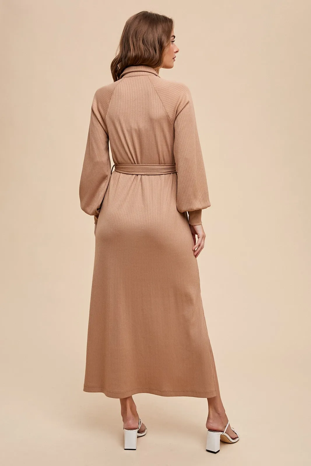 Rene Ribbed Knit Tie Dress in Taupe