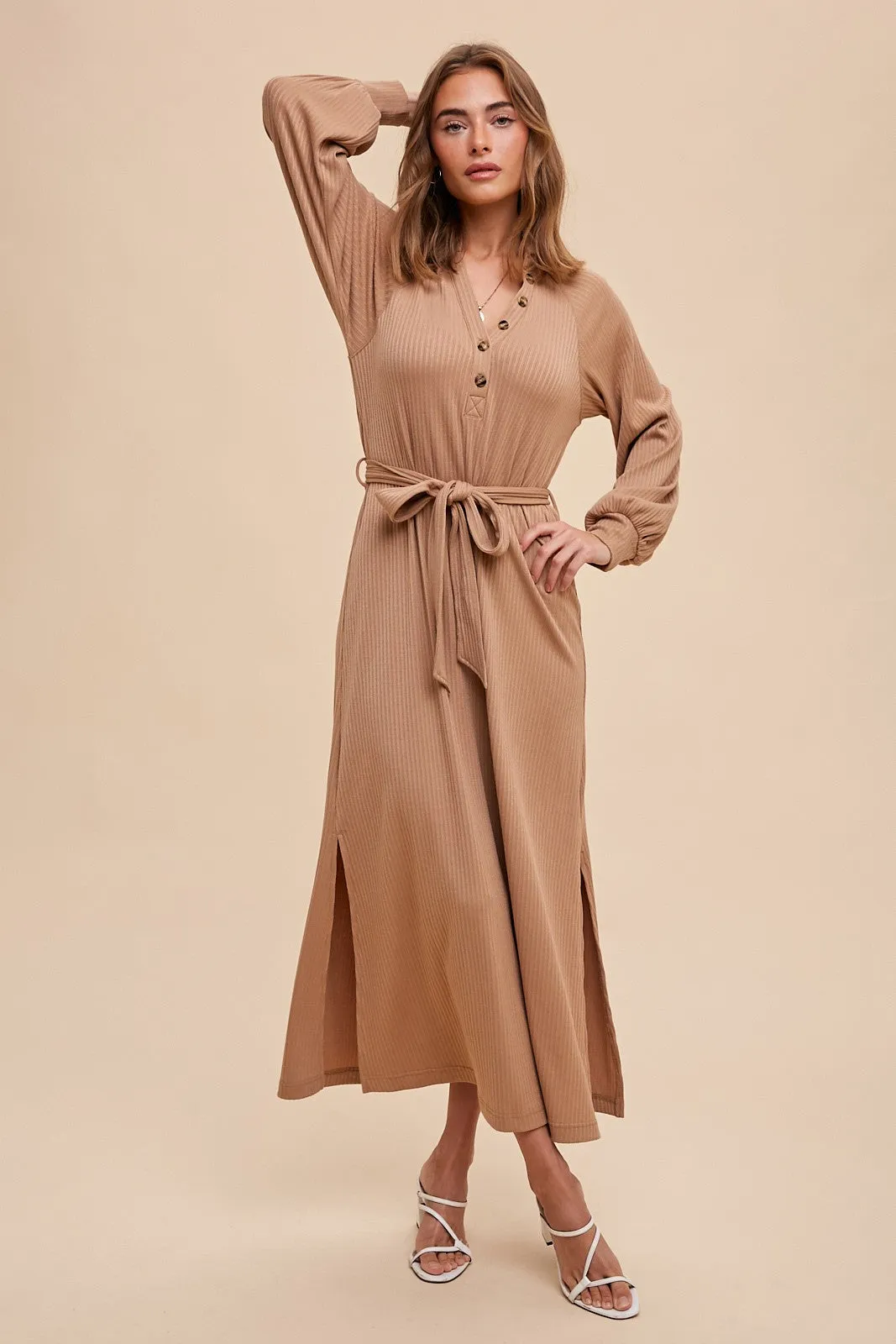 Rene Ribbed Knit Tie Dress in Taupe