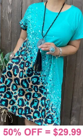 S, M, L, XL Turquoise & Leopard spot dress