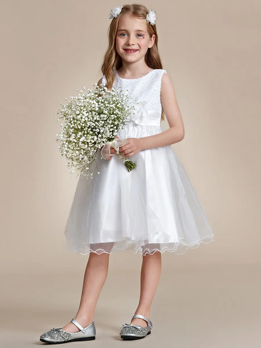 Sequin Bodice Double hemline Short Flower Girl Dress with Bowknot