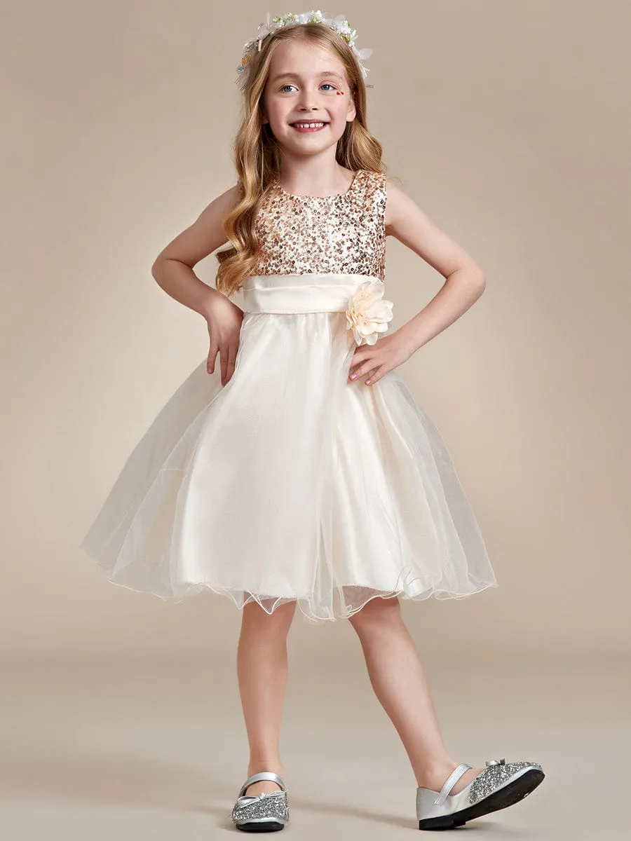 Sequin Bodice Double hemline Short Flower Girl Dress with Bowknot