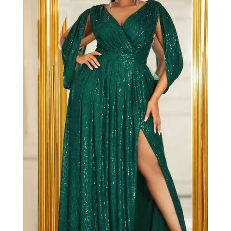 Sexy V-Neck Glitter Slit Dress