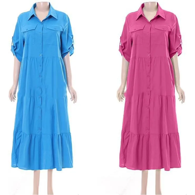 Short Sleeve Buttoned Collar Dress