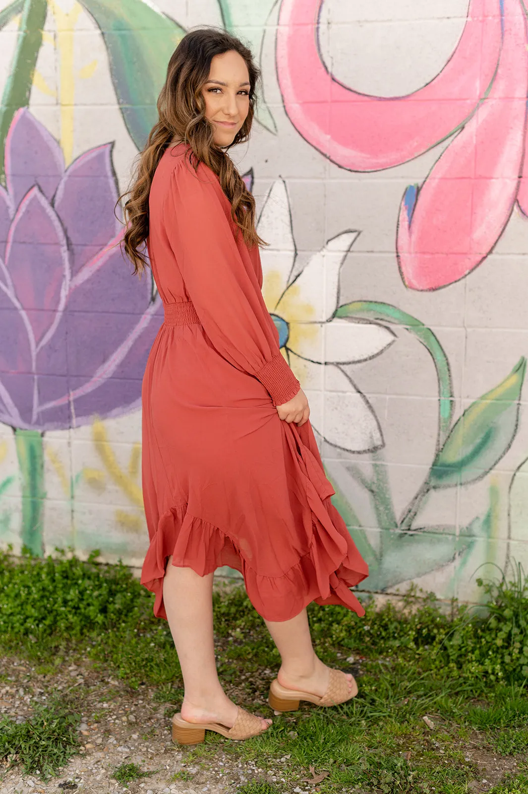 Terracotta Ruffled V Neck Midi Dress