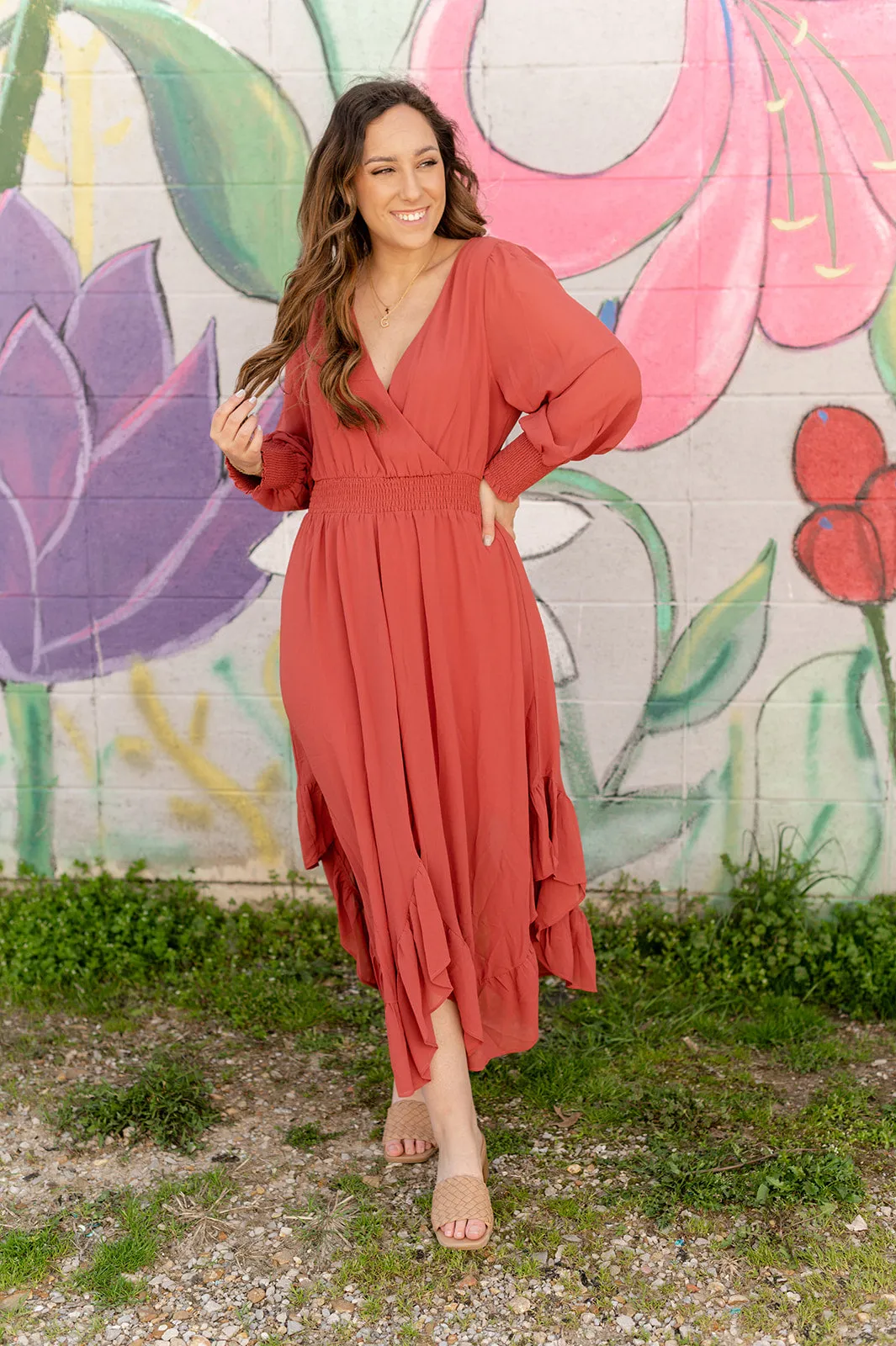 Terracotta Ruffled V Neck Midi Dress