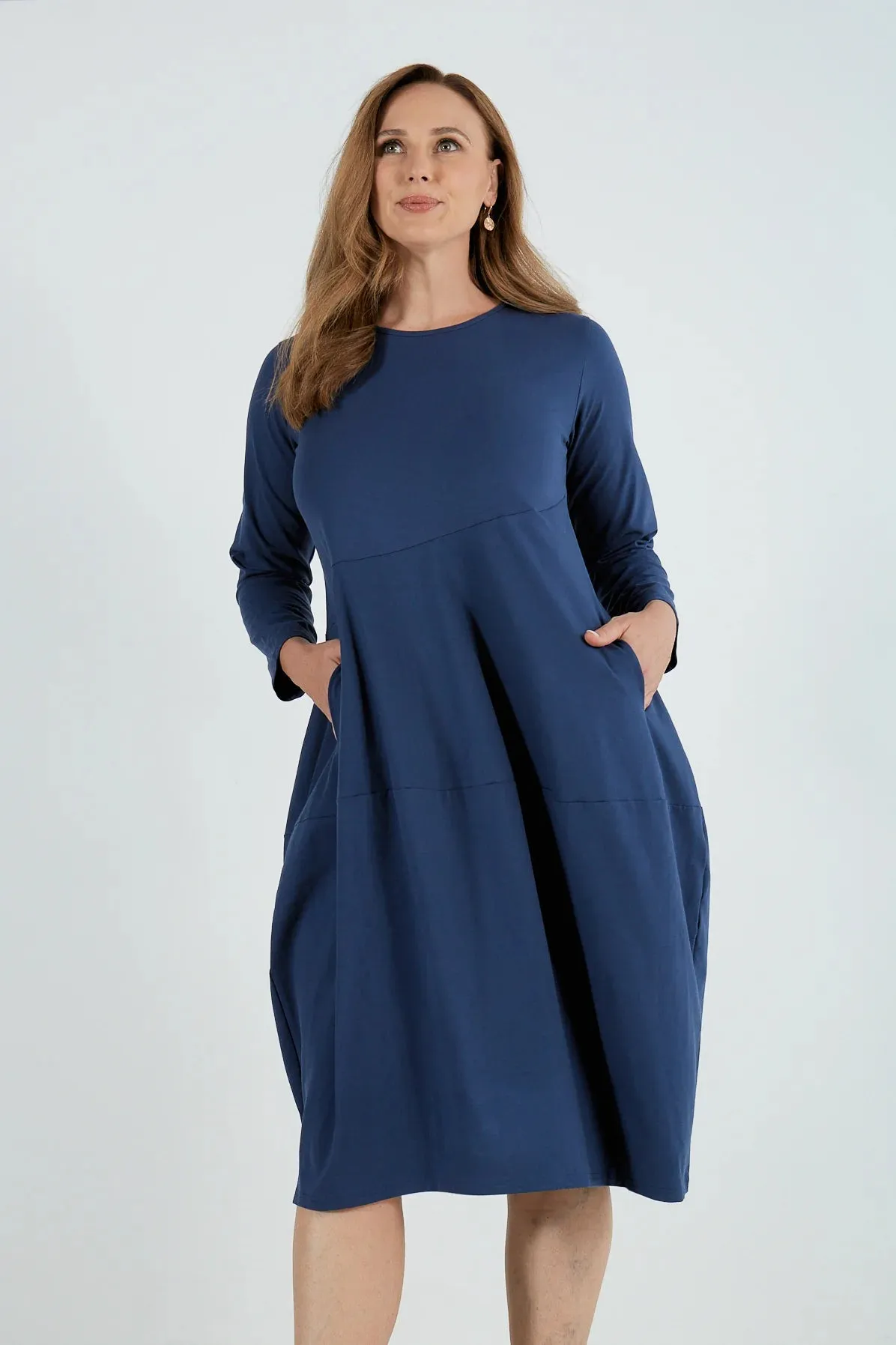 TIRELLI - Long Sleeve Diagonal Seam Dress - Navy