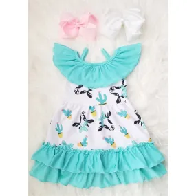 Turquoise Cow Ruffle Swing Dress