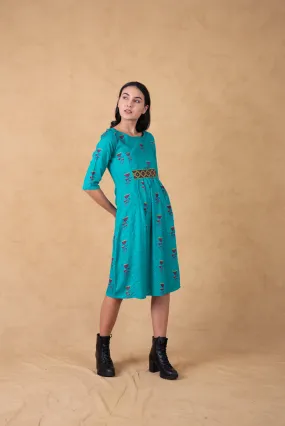 Turquoise Printed Dress With Aztec Embroidery