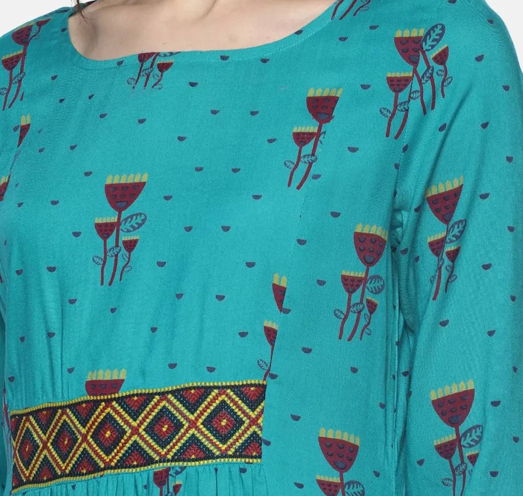 Turquoise Printed Dress With Aztec Embroidery