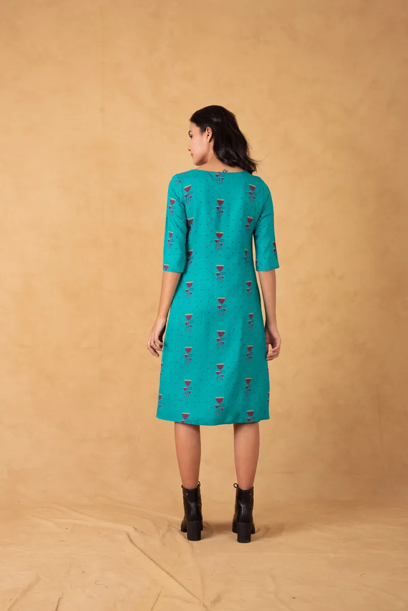 Turquoise Printed Dress With Aztec Embroidery