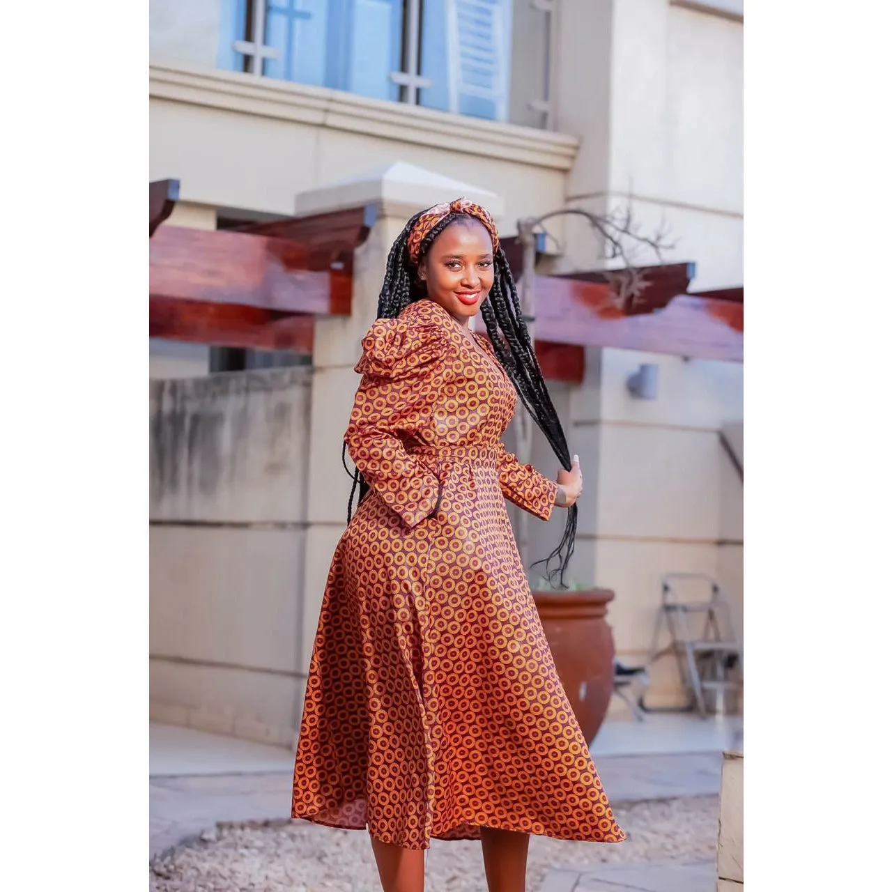 V-Neck Long Sleeve Ankara Dress