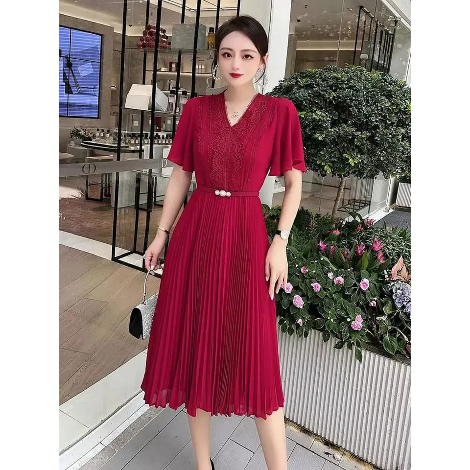 V-Neck platted Short sleeve Dress