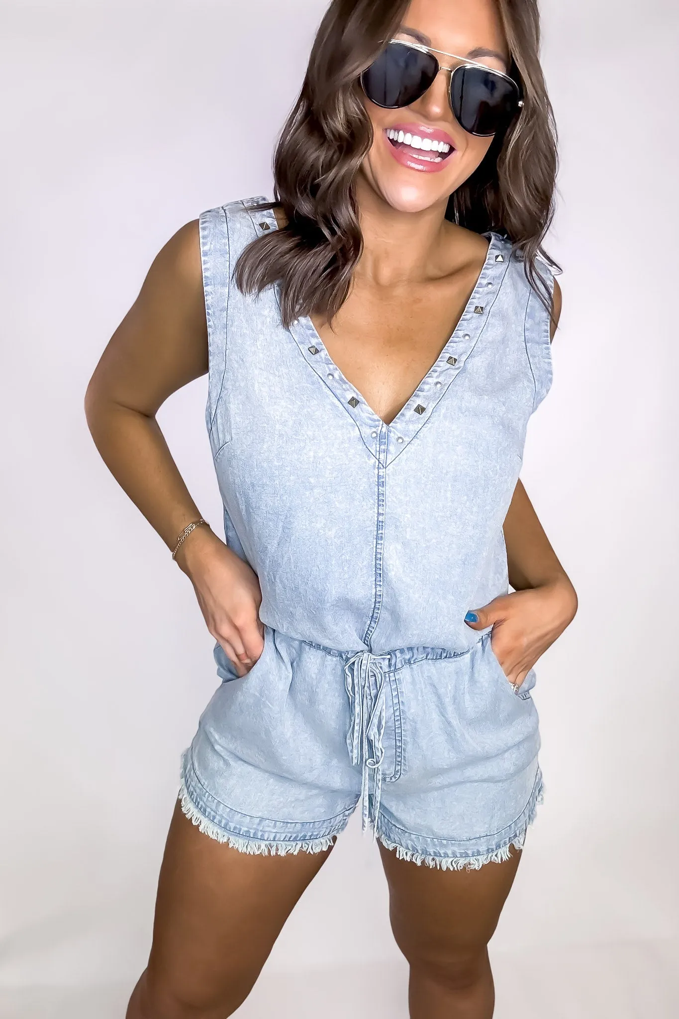 V-Neck Sleeveless Studded Denim Romper