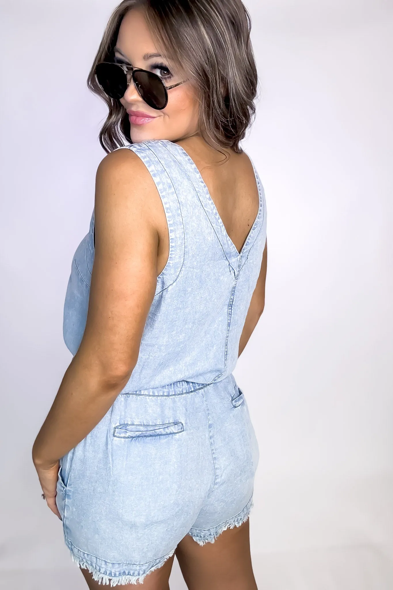 V-Neck Sleeveless Studded Denim Romper