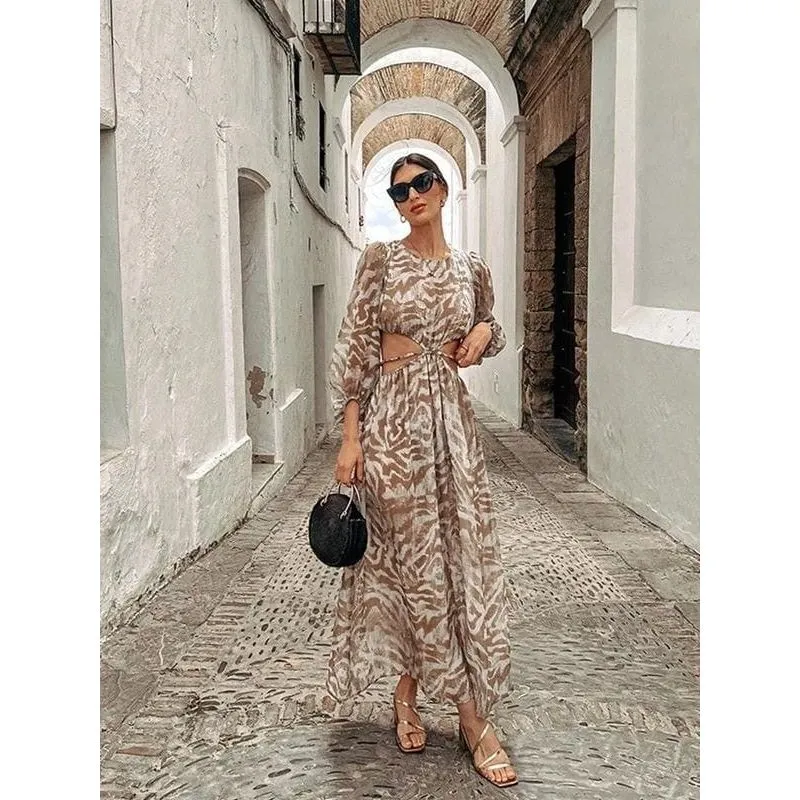 Retro-Style Long Sleeve Floral Print Midi Dress