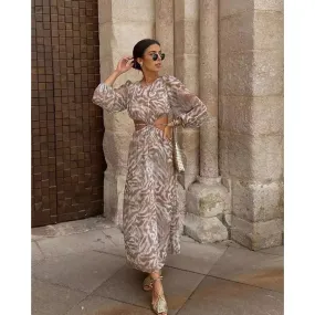 Retro-Style Long Sleeve Floral Print Midi Dress