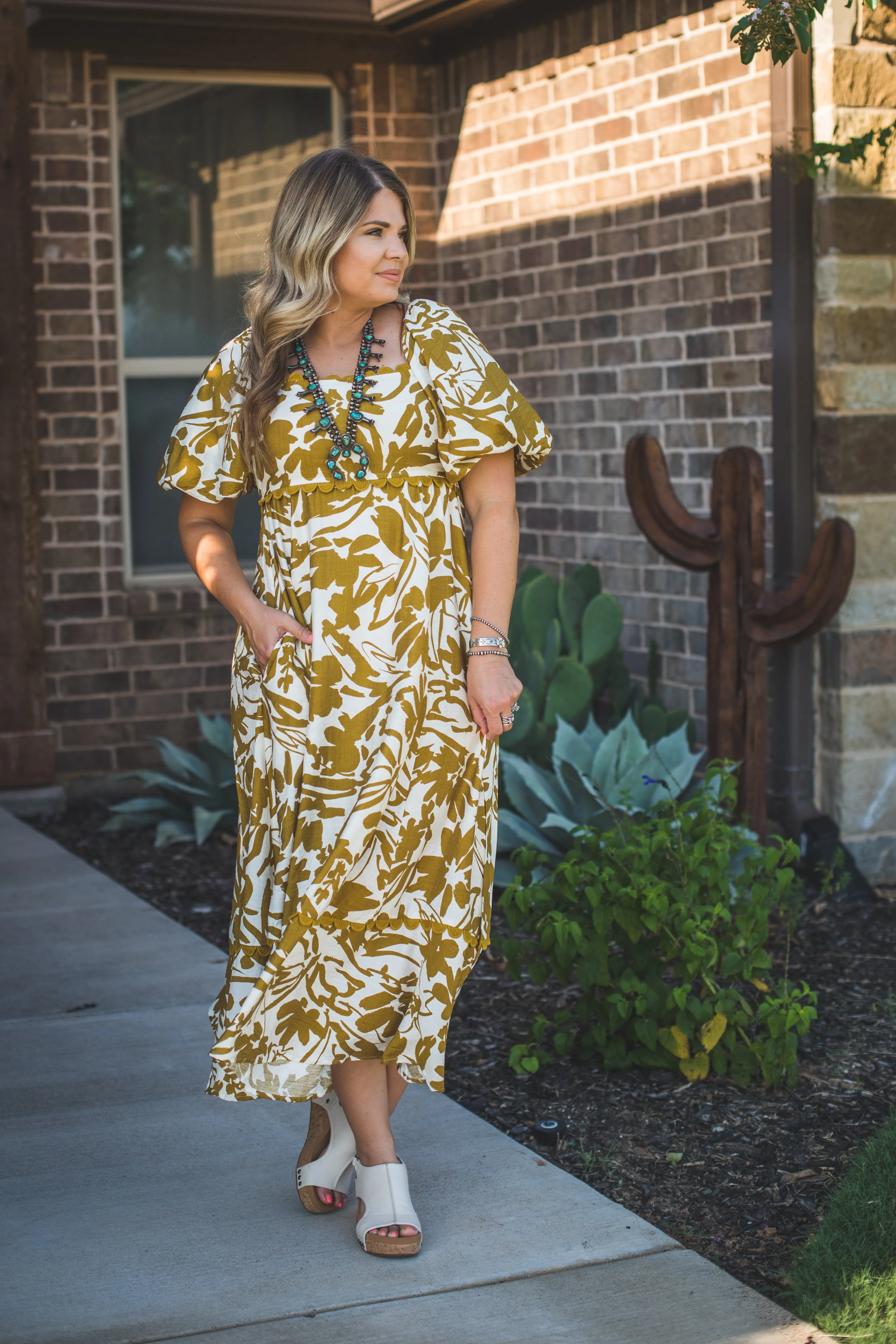 Elegant Maxi Dress in White with Dijon Accents