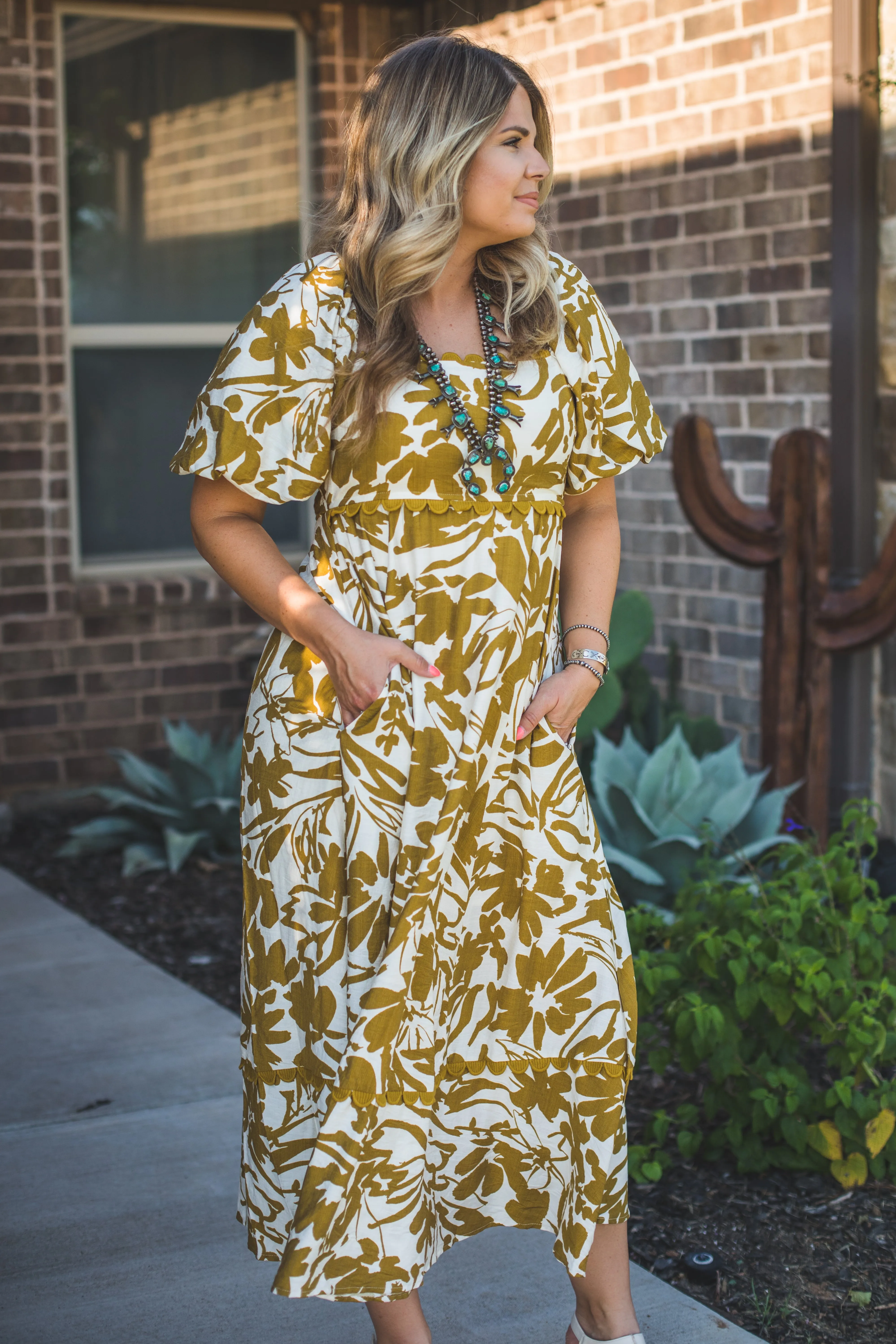 Elegant Maxi Dress in White with Dijon Accents