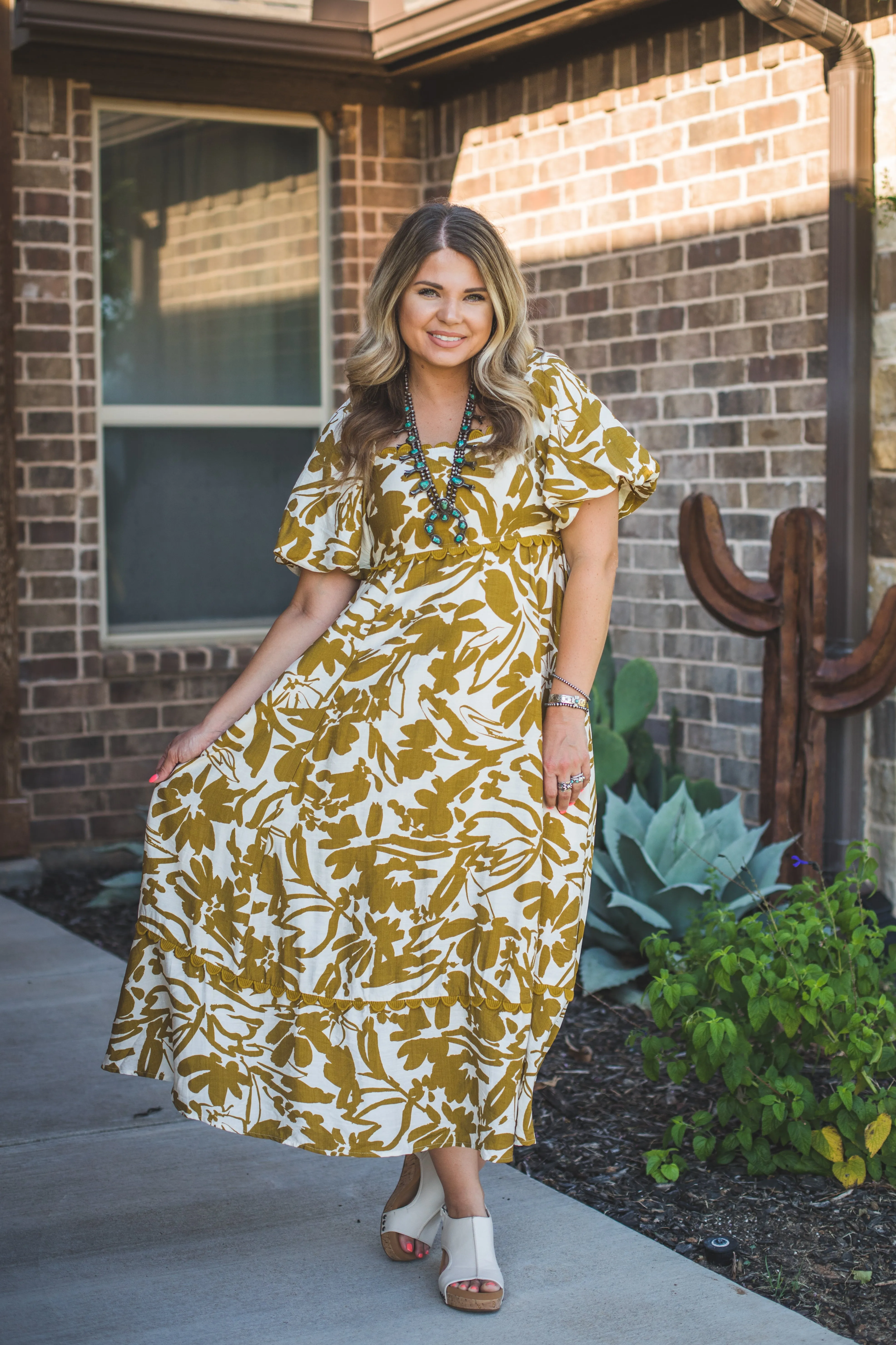 Elegant Maxi Dress in White with Dijon Accents