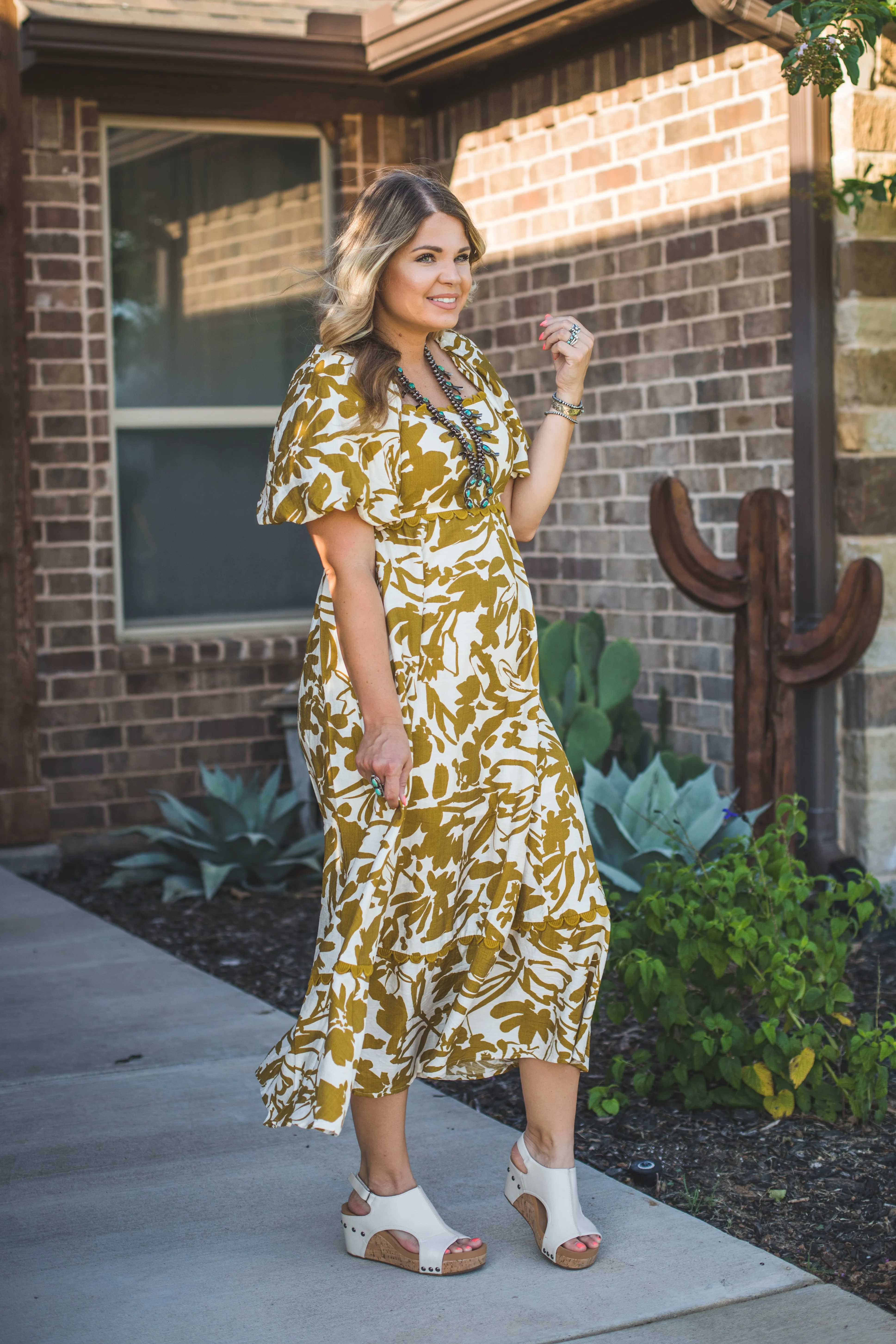 Elegant Maxi Dress in White with Dijon Accents