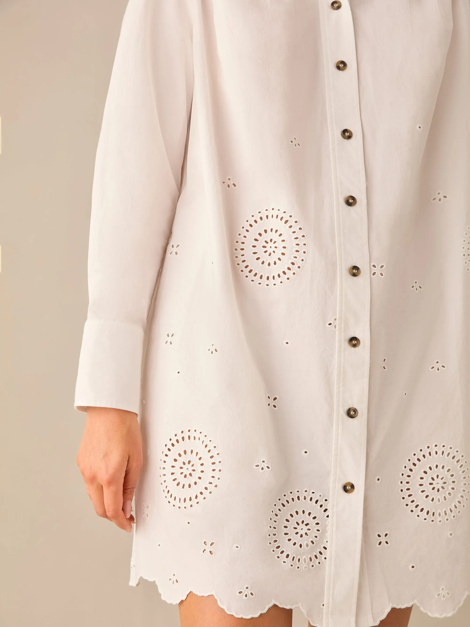 White Laser-Cut Hem Shirt Dress