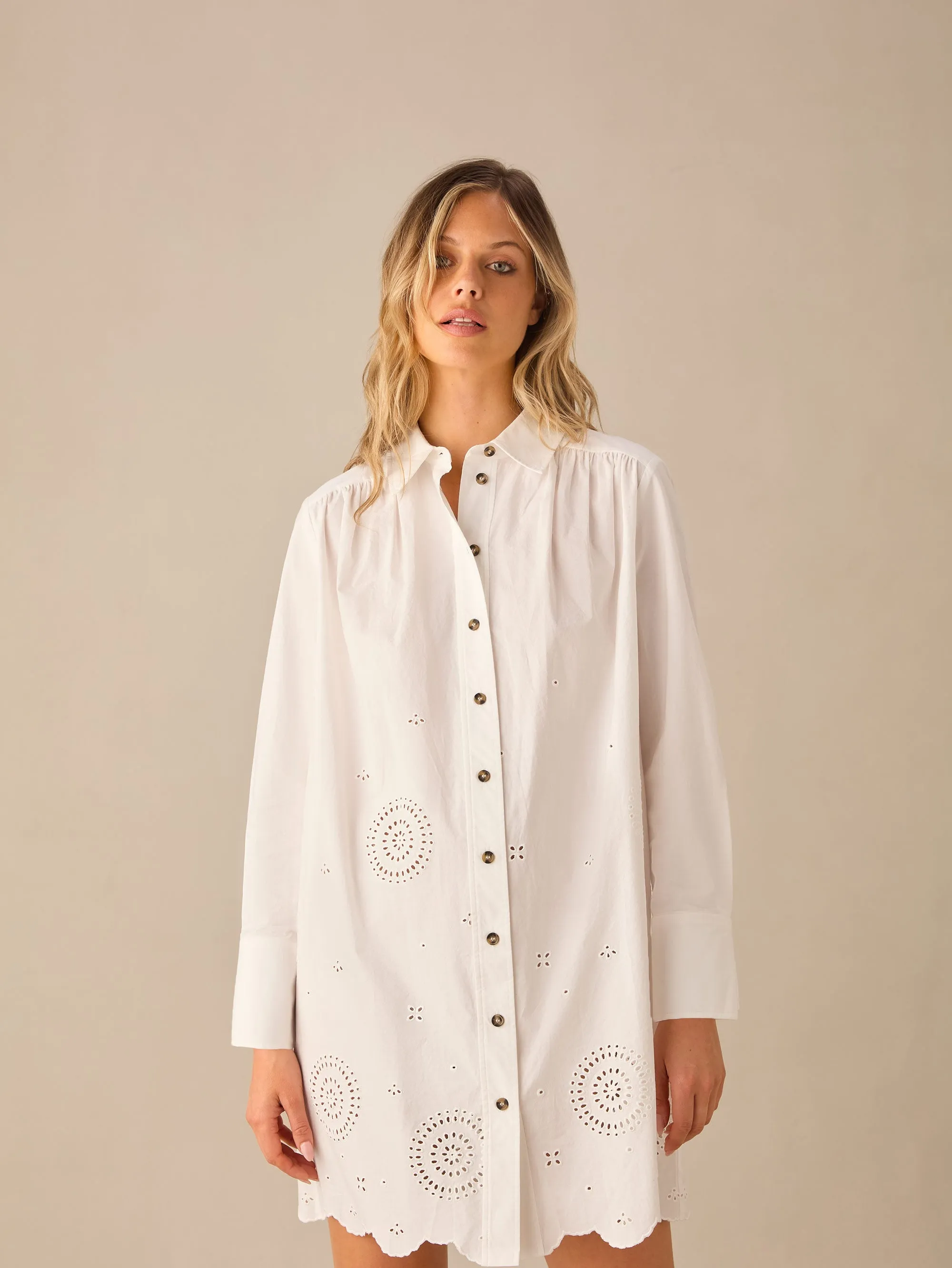 White Laser-Cut Hem Shirt Dress