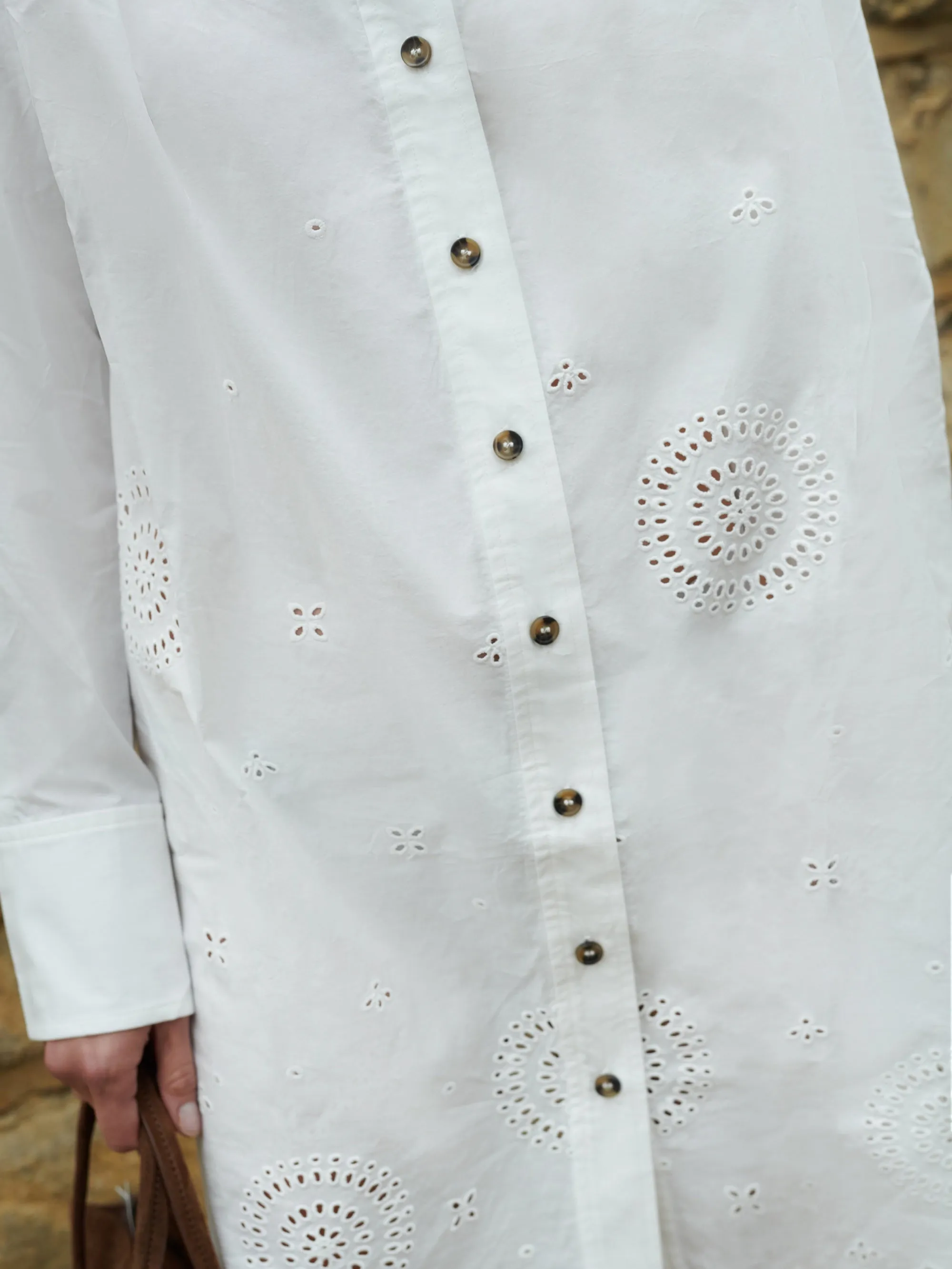 White Laser-Cut Hem Shirt Dress