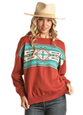 Women's Rock & Roll Denim Rust and Teal Aztec Slouchy Pullover