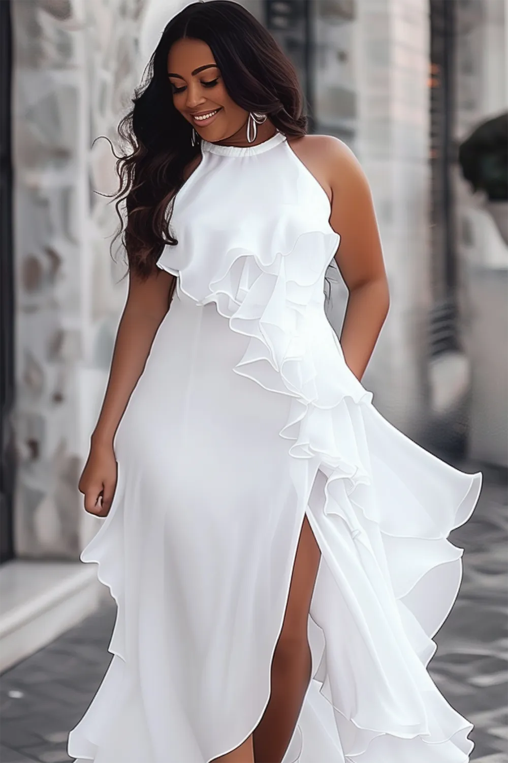 Elegant Plus Size White Halter Neck Maxi Dress with Side Split and Ruffle Detail for Weddings