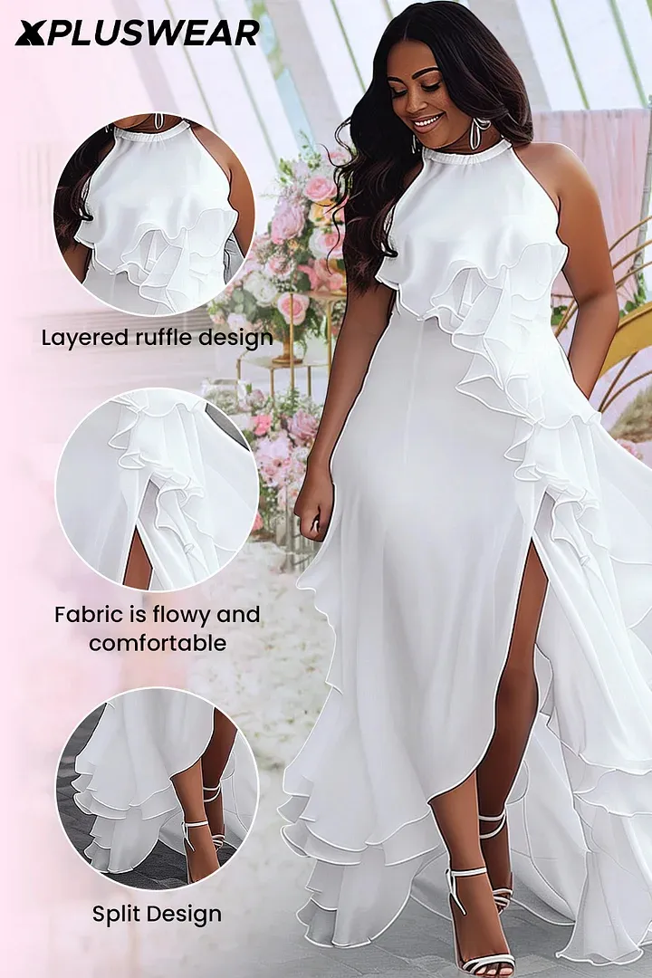 Elegant Plus Size White Halter Neck Maxi Dress with Side Split and Ruffle Detail for Weddings